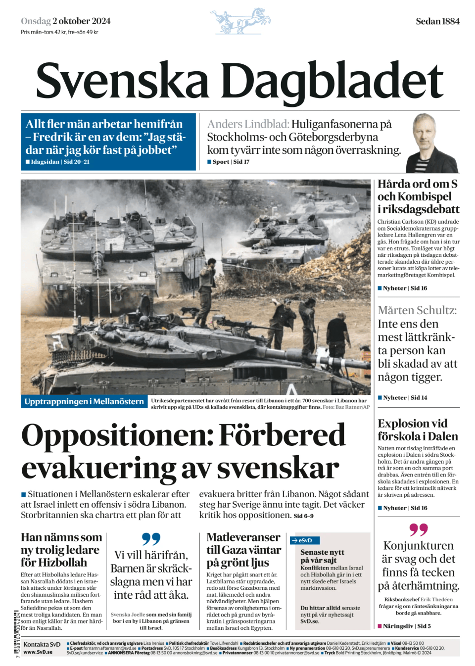 Prima-pagina-Svenska Dagbladet-edizione-di-oggi-20241002